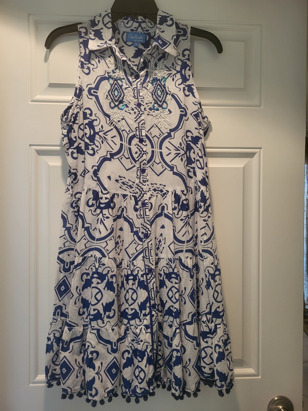 Sleeveless Blue & White Printed Tiered Cotton Dress.